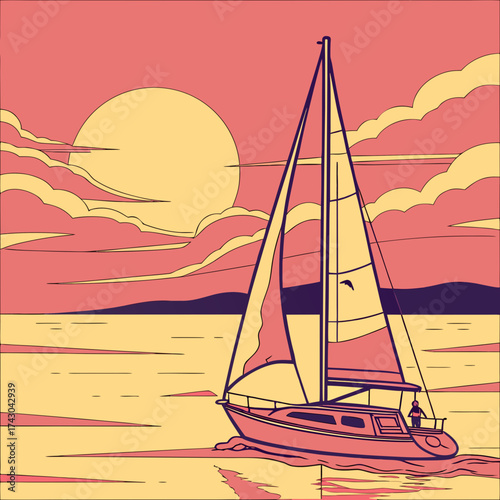 Sailboat gliding across calm water at sunset with stylized clouds