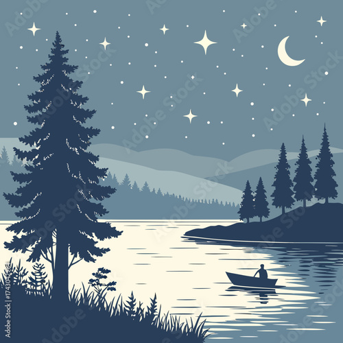 Serene night landscape with lone canoeist under a starry sky