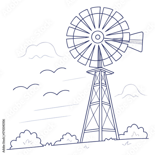 Simple line drawing of a windmill with birds and clouds