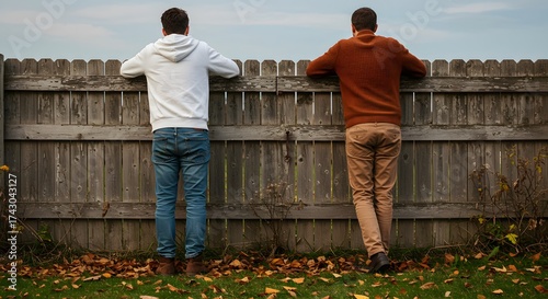 Two Men Looking over Wooden Fence in Autumn