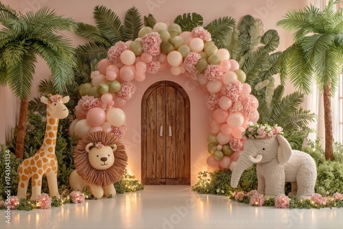 Whimsical balloon arch with plush animals for a children's party