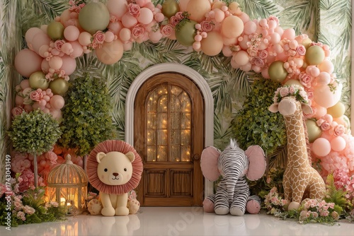 Charming balloon arch with plush animals for kids' celebrations