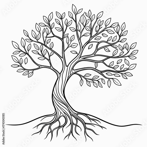 Stylized black and white tree with visible roots and leaves