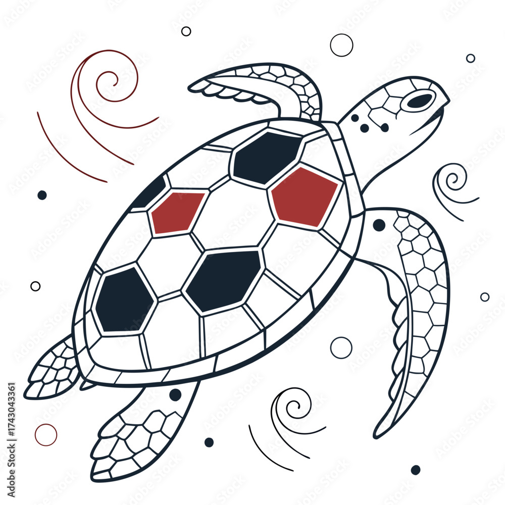 Obraz premium Stylized sea turtle with hexagonal shell pattern and swirling water elements