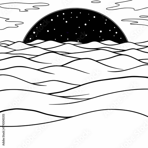 Stylized night sky with stars over rolling waves and clouds