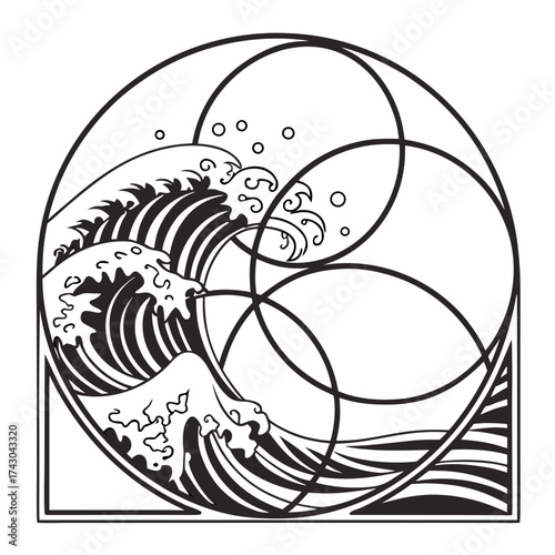 Stylized japanese wave art with geometric circle design