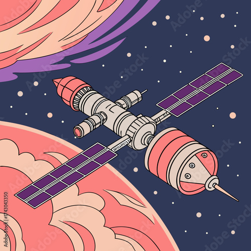 Stylized satellite orbiting a planet in outer space