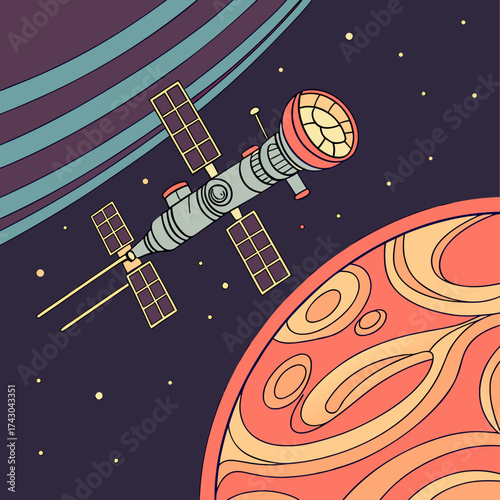 Stylized satellite orbits a colorful planet in outer space