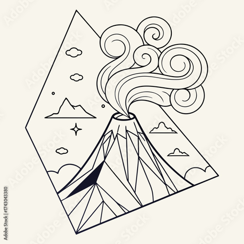 Stylized volcano erupting with smoke and clouds in geometric frame