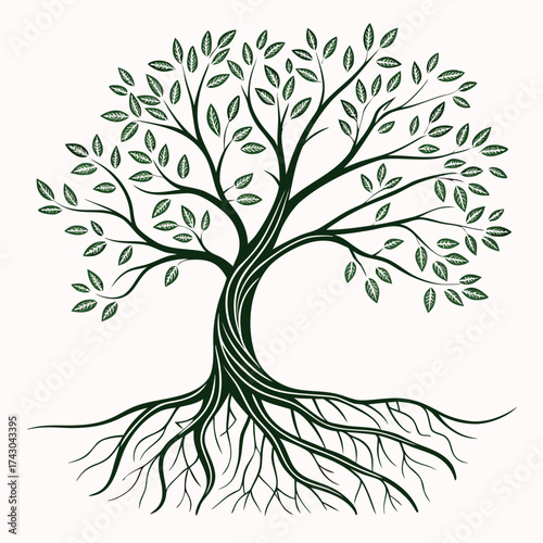 Stylized tree of life with deep roots and green leaves