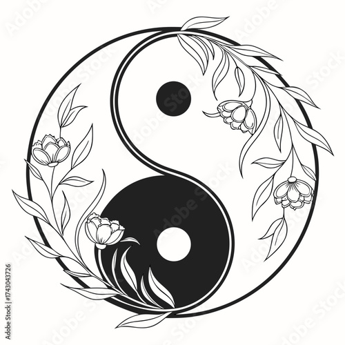 Yin yang symbol with floral embellishments and leaves