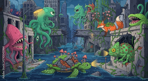 Post-Apocalyptic Cityscape Dominated by Colorful Mutant Creatures.