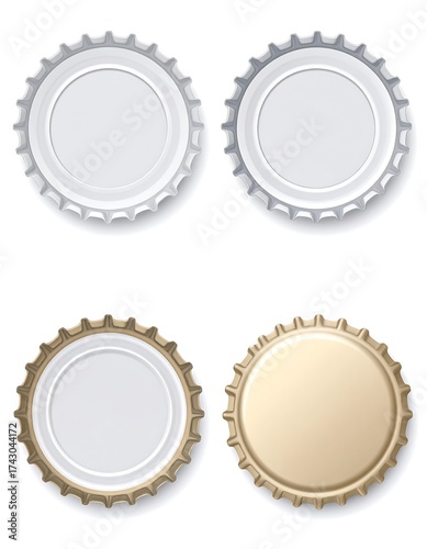 Four bottle caps in various metallic finishes