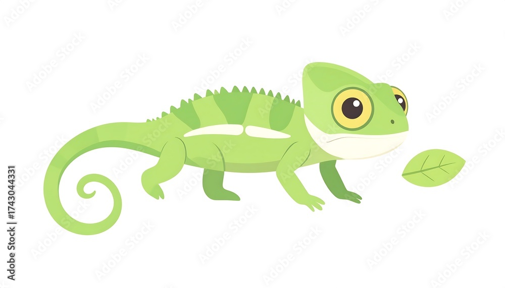Fototapeta premium Cartoon chameleon with leaf