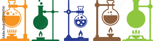 Vector illustration of colorful laboratory flasks with burning flames on stands, representing chemistry, science, and experiment concepts for education, research, innovation, and modern laboratory des