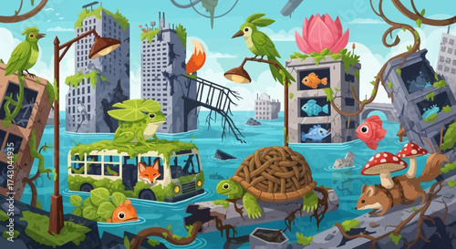 Post-Apocalyptic Wildlife Cityscape - A Vibrant Ecosystem Amidst Urban Ruins.