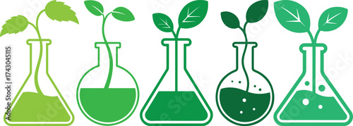 Vector illustration of green laboratory flasks with growing plants symbolizing biotechnology, eco science, sustainability, and environmental research concept for green energy, innovation, and natural 