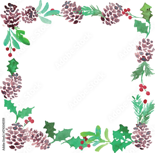 水彩画。水彩タッチのヒイラギクリスマスフレーム。クリスマスのベクターフレーム。松ぼっくりとヒイラギ。Watercolor painting. Watercolor holly Christmas frame. Christmas vector frame. Pine cones and holly.