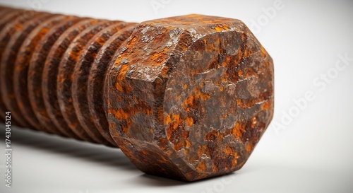 Close up of a rusty bolt head and threaded shaft.
