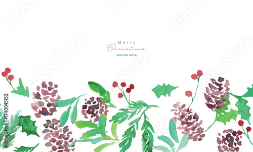 水彩画。水彩タッチのヒイラギクリスマスフレーム。クリスマスのベクターフレーム。松ぼっくりとヒイラギ。Watercolor painting. Watercolor holly Christmas frame. Christmas vector frame. Pine cones and holly.