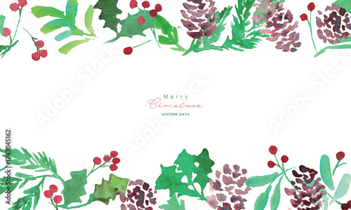 水彩画。水彩タッチのヒイラギクリスマスフレーム。クリスマスのベクターフレーム。松ぼっくりとヒイラギ。Watercolor painting. Watercolor holly Christmas frame. Christmas vector frame. Pine cones and holly.