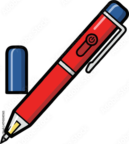 Cartoon Red Pen with Blue Cap, Black Outline, and Silver Clip Illustration