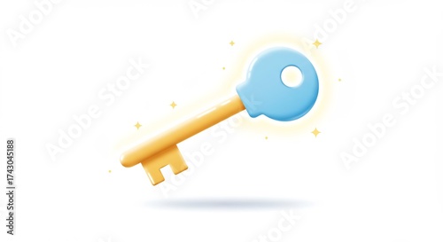 A bright blue and yellow key floating in the air with sparkles.