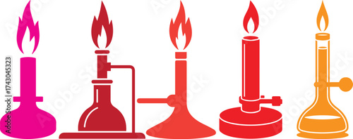 Vector illustration of colorful Bunsen burners with flames used in laboratory experiments, modern chemistry and science design concept for education, research, physics, and scientific innovation theme