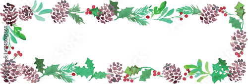 水彩画。水彩タッチのヒイラギクリスマスフレーム。クリスマスのベクターフレーム。松ぼっくりとヒイラギ。Watercolor painting. Watercolor holly Christmas frame. Christmas vector frame. Pine cones and holly.