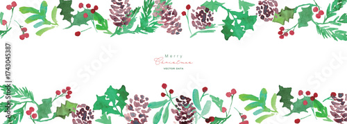 水彩画。水彩タッチのヒイラギクリスマスフレーム。クリスマスのベクターフレーム。松ぼっくりとヒイラギ。Watercolor painting. Watercolor holly Christmas frame. Christmas vector frame. Pine cones and holly.