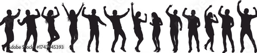 Celebration silhouettes, dancing people, joyful movement, raised arms, expressive poses, unity, energy, black figures, white background, vector art, party scene, dynamic appy crod, festive mood