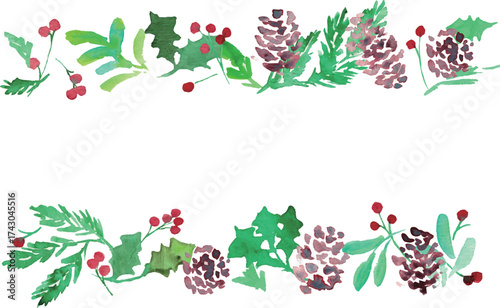 水彩画。水彩タッチのヒイラギクリスマスフレーム。クリスマスのベクターフレーム。松ぼっくりとヒイラギ。Watercolor painting. Watercolor holly Christmas frame. Christmas vector frame. Pine cones and holly.