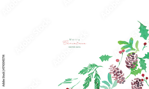 水彩画。水彩タッチのヒイラギクリスマスフレーム。クリスマスのベクターフレーム。松ぼっくりとヒイラギ。Watercolor painting. Watercolor holly Christmas frame. Christmas vector frame. Pine cones and holly.
