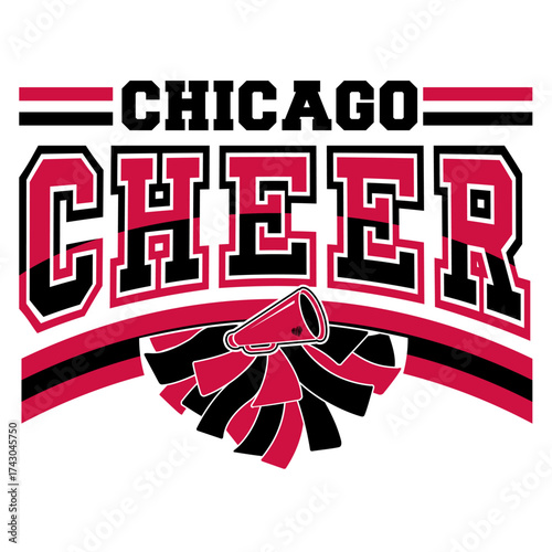 Cheerleader Pom-pom, Megaphone and CHEER in Red and Black. Chicago Cheerleading illustration.