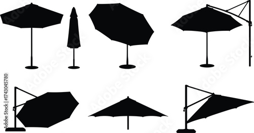 Silhouette collection of outdoor patio umbrellas and parasols isolated on white background, vector illustration for summer garden, cafe, and beach design