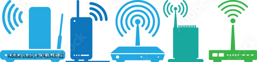 Vector illustration of wireless WiFi routers and modems emitting internet signal icons, modern network communication technology design concept for home connection, data sharing, and online access.