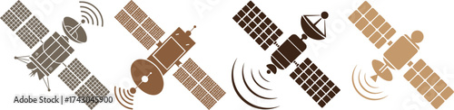 Vector illustration of communication satellites orbiting Earth transmitting data signals, modern space technology design concept for global network, GPS, and telecommunication systems.