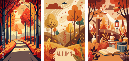 Autumn nostalgia, Forest pathway covered in orange, red leaves, trees, old book, coffee, and candlelight
