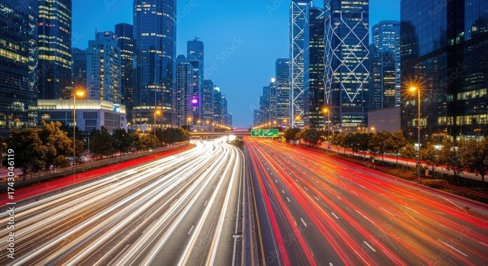 Fototapeta premium Dynamic Urban Highway at Dusk with Blurry Light Trails from Moving Traffic and Modern Skyscrapers