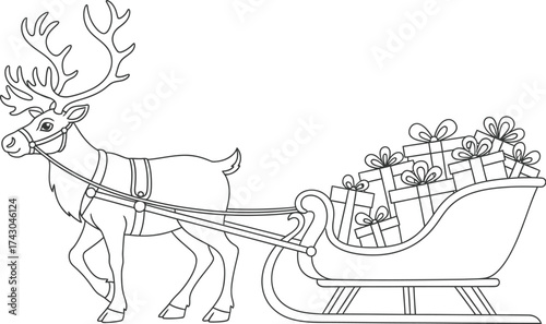 Reindeer sleigh christmas gifts coloring page vector graphic