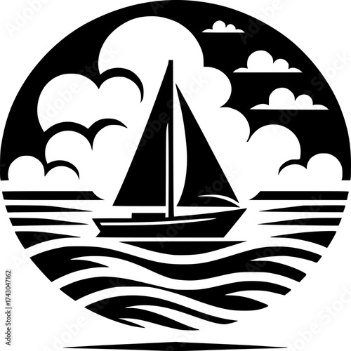 Sailing ship silhouette on the sea with waves and sun vector illustration