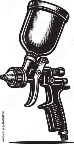 Paint spray gun vector illustration in black and white with top-mounted container, trigger, nozzle and adjustment knobs for industrial and refinishing themes