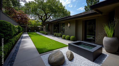 Beautiful modern garden design with water feature and greenery