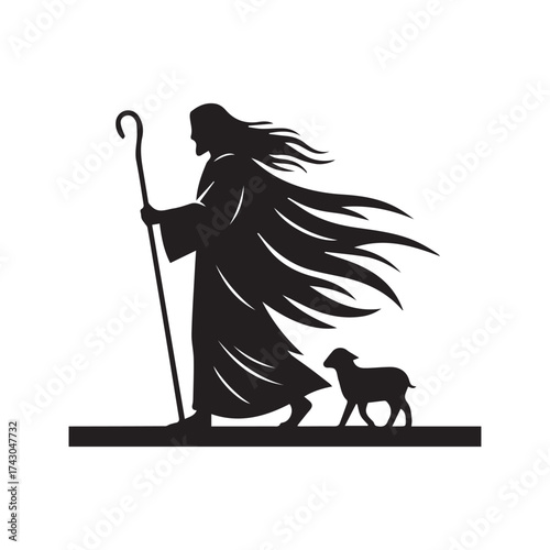 Jesus Christ the Good Shepherd leading a lamb, biblical silhouette illustration. Christian religious graphic based on John 10:11 verse.
