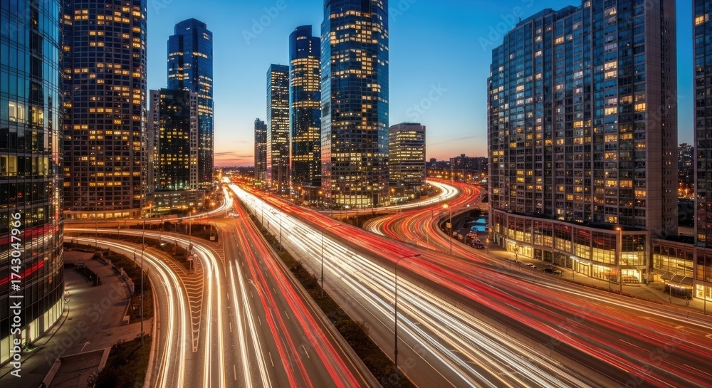 Fototapeta premium Dynamic Metropolis Skyline at Twilight with Streaking Freeway Light Trails