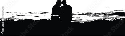 Couple silhouette, romantic moment, sunset view, emotional connection, rocky shore, water reflection, peaceful scene, love story, horizon light, togetherness