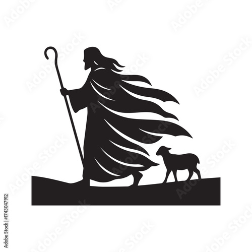 Jesus Christ the Good Shepherd leading a lamb, biblical silhouette illustration. Christian religious graphic based on John 10:11 verse.
