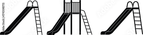 Silhouette illustration of playground slides for kids, outdoor park equipment, fun recreation activity design, children amusement play structure vector