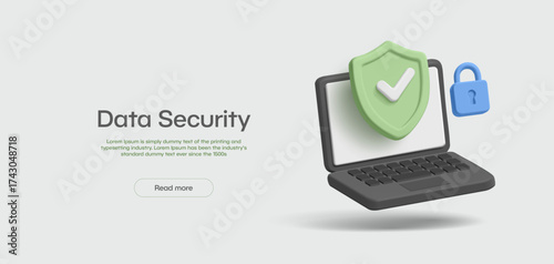 3D laptop with shield and lock. Modern banner for concepts of personal data protection, verification, reliability. Business, banking, applications and software. Vector illustration.