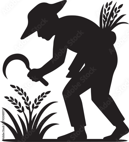 Harvesting silhouette vector illustration in black and white with farmer in wide-brimmed hat cutting crops using sickle for agriculture and labor themes